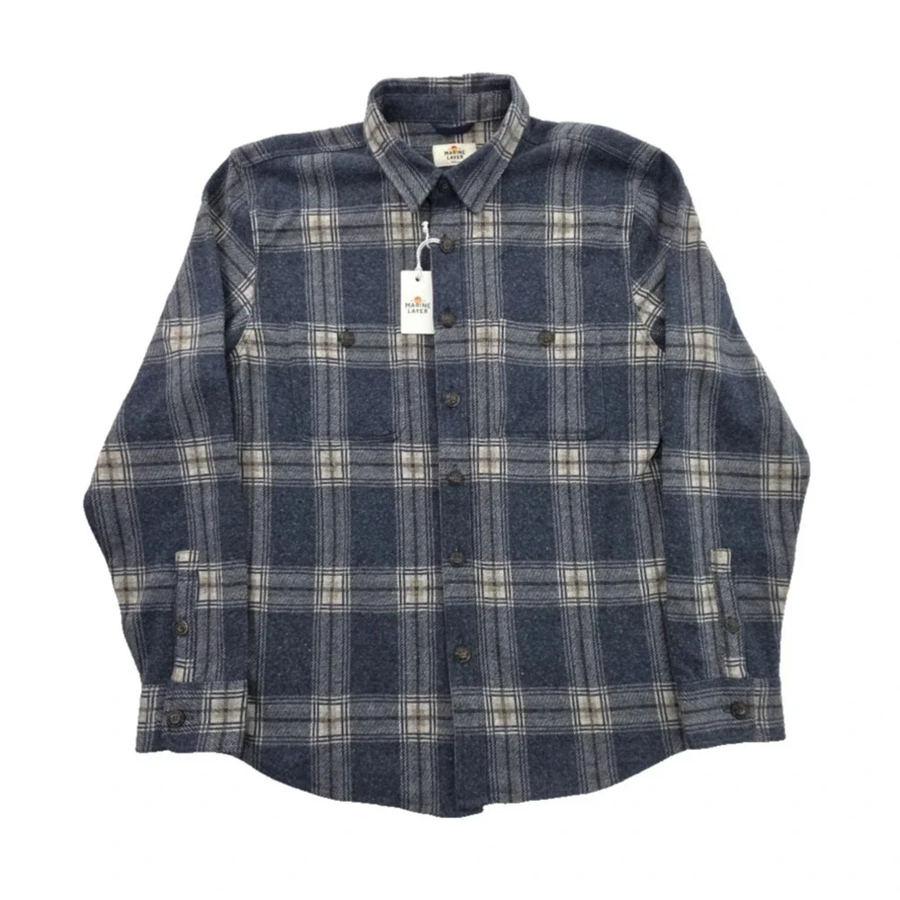 Marine Layer Pacifica Stretch Twill Shirt Mens Medium Blue Plaid $148 NWT NEW